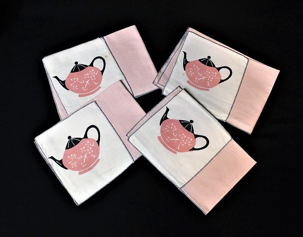Cloth NapkinsPink & Black Teapot DesignVintage Linen Etsy