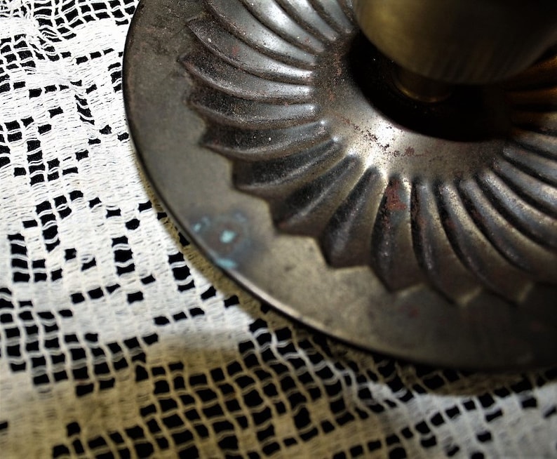 Vintage Metal CHAMBER CANDLESTICK Holders-Aged Patina-Taper Candle-Finger Handle-Country Bedroom Candle Dish-Orphaned Treasure-P012519D