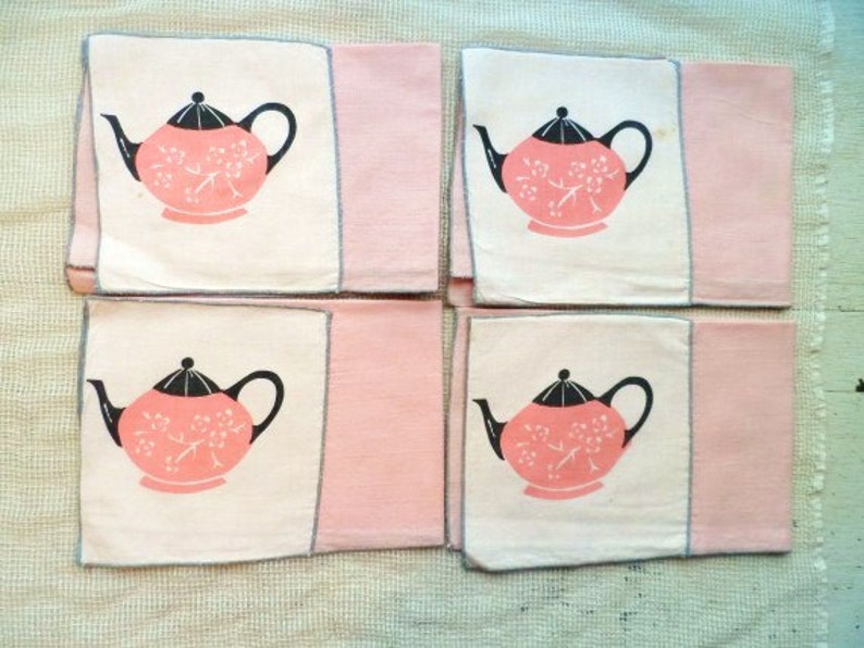 Cloth NapkinsPink & Black Teapot DesignVintage Linen Etsy