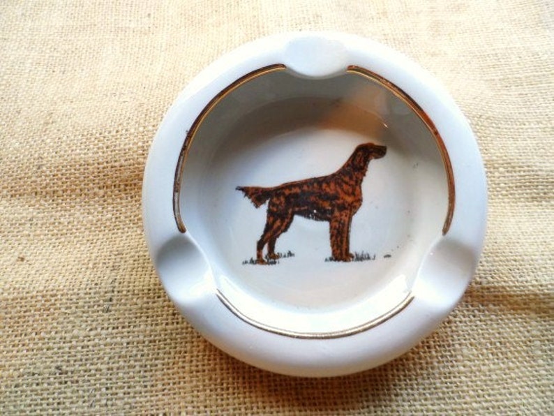Pointer Dog Ashtray-Hunting Dog Ash Tray-Gold Edging-Irish Setter-Pup-Puppy-Retro Tobacciana-Vintage Art Pottery-Orphaned Treasure-090216C