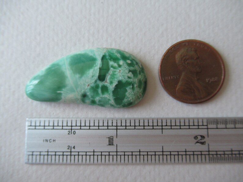 May include: A polished, teardrop-shaped gemstone in shades of green and white, with a penny and a ruler for scale. The gemstone is approximately 1 inch long, showcasing a unique, natural pattern. The penny is dated 1982.