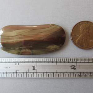 May include: A polished, oblong stone with a layered pattern of brown, tan, and olive green hues. A penny and a ruler are next to the stone for size comparison. The ruler shows the stone is approximately 2 inches long.