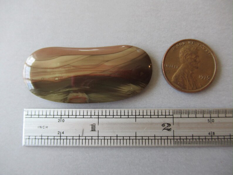 May include: A polished, oblong stone with a layered pattern of brown, tan, and olive green hues. A penny and a ruler are next to the stone for size comparison. The ruler shows the stone is approximately 2 inches long.