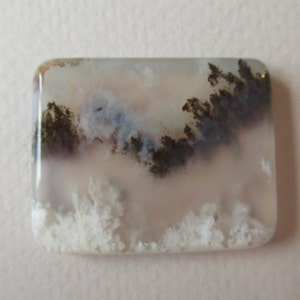 May include: A white agate cabochon with dendritic inclusions. The agate has a cloudy, translucent appearance with brown and black dendrites.