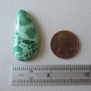 May include: A teardrop-shaped, polished gemstone with a vibrant green hue and white marbling. A copper penny and a ruler are next to the stone for size comparison. The stone's surface has a glossy finish, and the color variation creates a unique pattern.