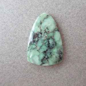 May include: A green and black gemstone cabochon with a teardrop shape. The stone has a marbled pattern with black veins.