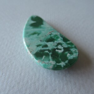 May include: A teardrop-shaped gemstone with a mottled pattern of light and dark green hues. The stone has a polished surface with a mix of textures and a light beige edge.