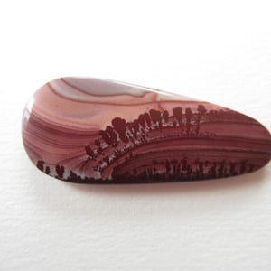 May include: A polished, teardrop-shaped cabochon stone featuring horizontal bands of dusty rose, mauve, and cream colors. The surface displays dark, dendritic, tree-like inclusions in deep brown that contrast against the smooth, layered stone texture.