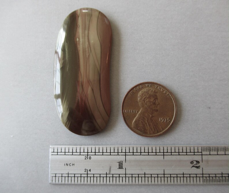 May include: A polished, elongated stone with a mix of brown, tan, and olive green hues. The stone is next to a penny and a ruler marked in inches. The stone's shape is similar to a teardrop, with a smooth, glossy surface.