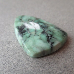 May include: A green and black gemstone cabochon with a white vein running through it. The stone has a smooth, polished surface and is shaped like a teardrop.