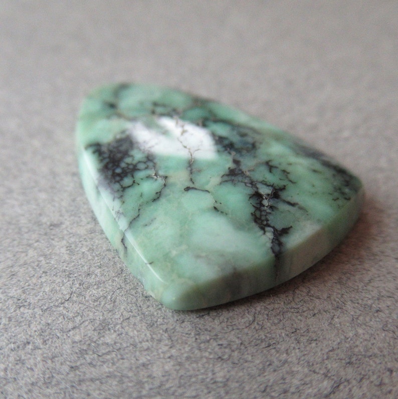 May include: A green and black gemstone cabochon with a white vein running through it. The stone has a smooth, polished surface and is shaped like a teardrop.