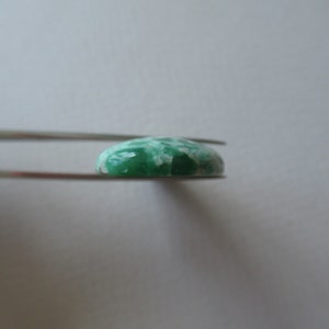 May include: A green and white gemstone held by tweezers. The gemstone has a rounded, oval shape with a polished surface. The color is a mix of light green and white, with a marbled appearance. The tweezers are silver.