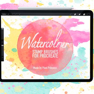 May include: A digital tablet displaying a design for watercolor stamp brushes for Procreate, with the text "Watercolor Stamp Brushes for Procreate" and "Made by Pixel Princess". The background is a watercolor design with pink, yellow, and blue colors.