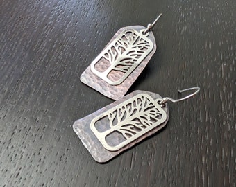 Mixed Metal Silver Plated Tree with Hammered Copper Tag on Sterling Silver Earring