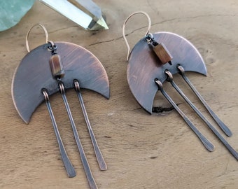 Copper Crescent Dangles with Tiger Eye on Rose Gold Filled Earrings