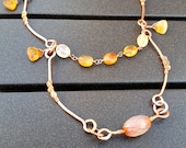 Hammered Copper Necklace with Orange Carnelian and Smoky Quartz Beading, Rustic, Victorian Jewelry, Long Two-Layer Necklace