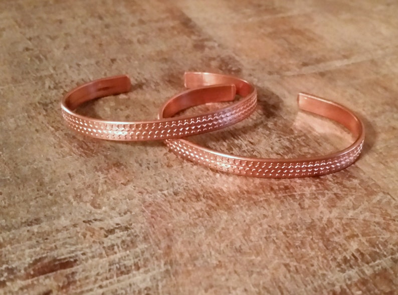 Small Size Patterned or Hammered Thin Copper Cuff Bracelet in Bright Natural Finish for Petite or Child Wrist image 2