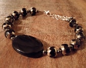 Mirrored Glass Bracelet in Black and Silver with Agate and Hematite, Black Tie Jewelry, Formalwear, Sterling Silver