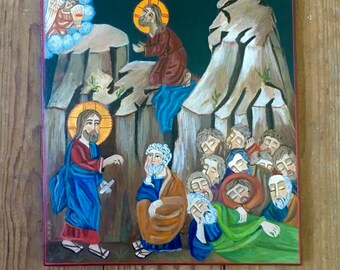 Jesus on Gethsemane with the Disciples, Hand painted Icon by Rania Kuhn