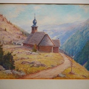 Altes Gemälde mit Signatur Bergidylle Dorfkirche