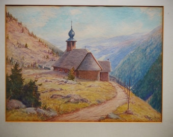 Old painting with signature mountain idyll village church