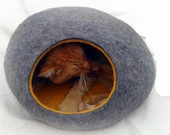 Cat bed cat cave cat house Gray with yellow felted cat cave any colors .