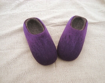 Felt Slippers   Wool Home Shoes Purple with Gray