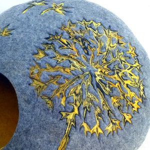 Cat bed/cat cave/cat house/Gray with yellow/ felted cat cave with dandelion dekor/Exclusive cat house image 4