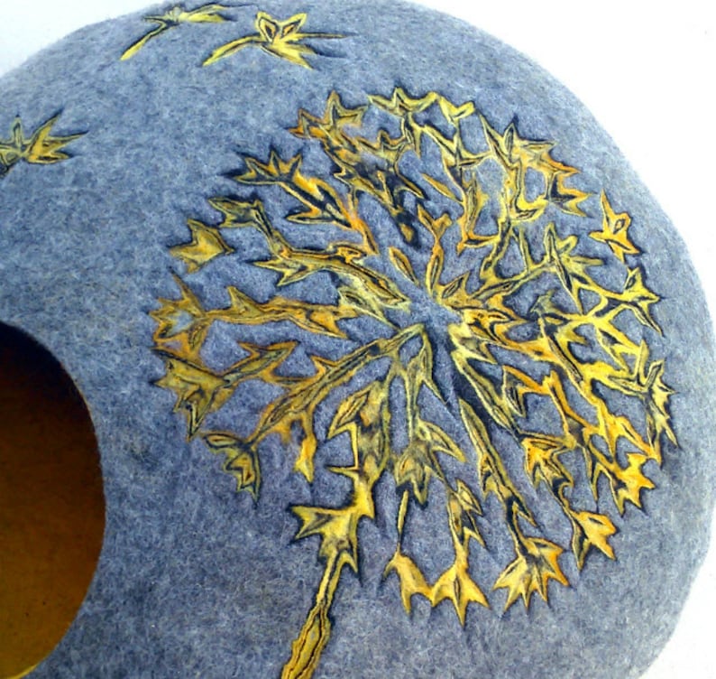 Cat bed/cat cave/cat house/Gray with yellow/ felted cat cave with dandelion dekor/Exclusive cat house image 4