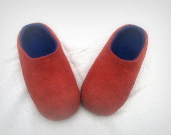 Felted Slippers Men Wool Home Shoes Brown with dark blue Women slippers Handmade slippers Woolen clogs Valenki