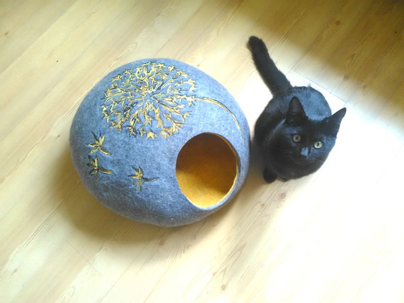 Cat bed/cat cave/cat house/Gray with yellow/ felted cat cave with dandelion dekor/Exclusive cat house image 3