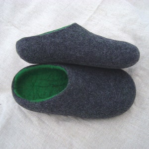 Felt Slippers Men Wool Home Shoes Dark Gray with Green image 3