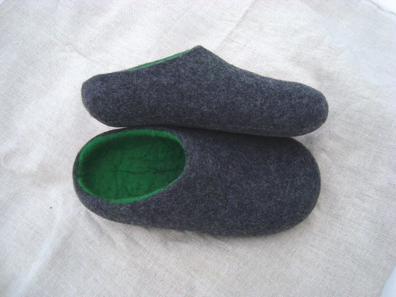 Felt Slippers Men Wool Home Shoes Dark Gray with Green image 3