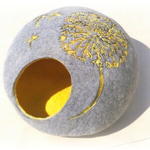 Cat bed/cat cave/cat house/Gray with yellow/ felted cat cave with dandelion dekor/Exclusive cat house image 2