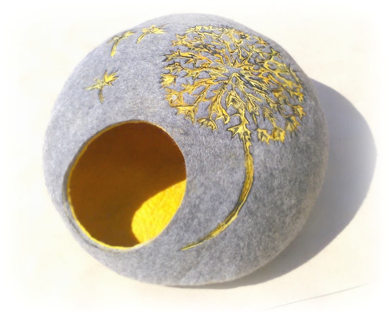 Cat bed/cat cave/cat house/Gray with yellow/ felted cat cave with dandelion dekor/Exclusive cat house image 2