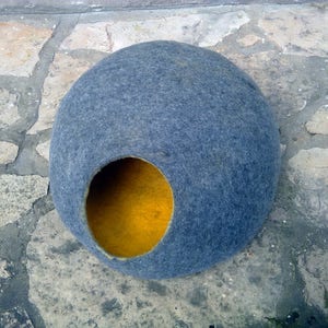 Cat bed/cat cave/cat house/Gray with yellow  felted cat cave/ any colors