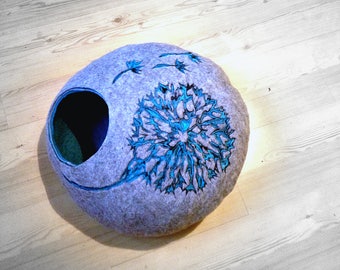 Cat bed/cat cave/cat house/Gray with blue/  felted cat cave with dandelion dekor/Exclusive cat house