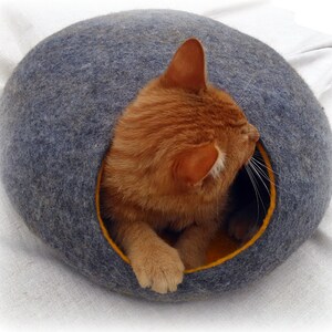 Cat bed/cat cave/cat house/Gray with yellow felted cat cave/ any colors . image 2