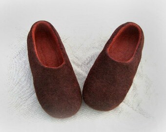 Felted Slippers Men Wool Home Shoes  BROWN  and RUST   Women slippers Handmade slippers Woolen clogs Valenki