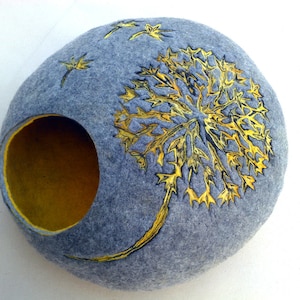 Cat bed/cat cave/cat house/Gray with yellow/ felted cat cave with dandelion dekor/Exclusive cat house image 1