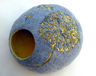 Cat bed/cat cave/cat house/Gray with yellow/  felted cat cave with dandelion dekor/Exclusive cat house