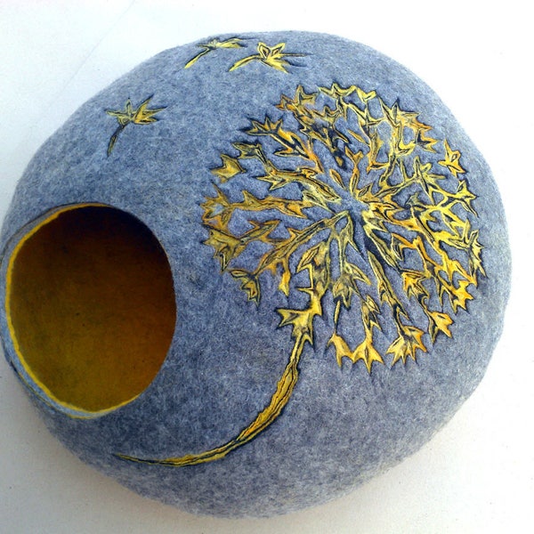 Cat bed/cat cave/cat house/Gray with yellow/  felted cat cave with dandelion dekor/Exclusive cat house