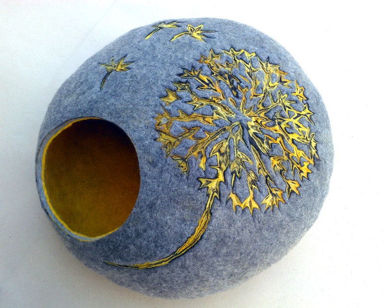 Cat bed/cat cave/cat house/Gray with yellow/ felted cat cave with dandelion dekor/Exclusive cat house image 1