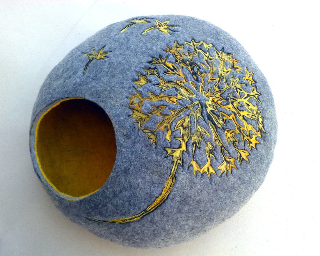 Lit Pour Chat/Grotte Maison Gris avec Jaune de Feutré Pissenlit Dekor Maison Exclusive