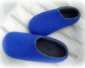 Felted Slippers   Wool Home Shoes Blue with Gray Felted Slippers Men Wool Home Shoes Women slippers Handmade slippers Woolen clogs Valenki