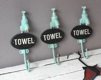 3 kitchen towel hooks faucet nostalgic, rustic wall hooks water tab, bathroom Retro Shabby green blue Vintage Country Style