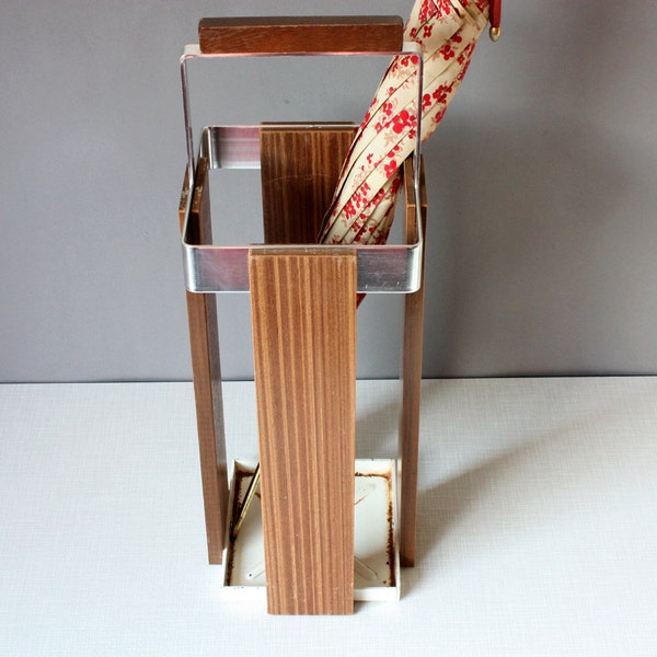 Umbrella stand holder / stand walking sticks / square / wood optic / brown / home accessory / hallway / entrance / decor / Germany 60s 70s