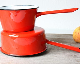 2 casserole Vintage enamel, dishes cook pots, red enamel cookware Retro, milk pans 60s 70s Germany Mid Century, gift foodie