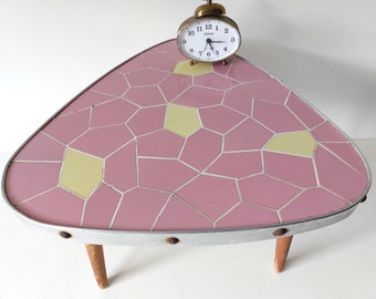 Pink side table, mosaic plant stand, kidney table