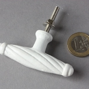 Könnte beinhalten: Weißer Keramik-Schrankknopf mit gedrehtem Design und einer silbernen Schraube. Der Knopf ist T-förmig.